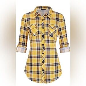 Women's Yellow Plaid Button-Down Shirt with Roll-Tab Sleeves Worn Twice.